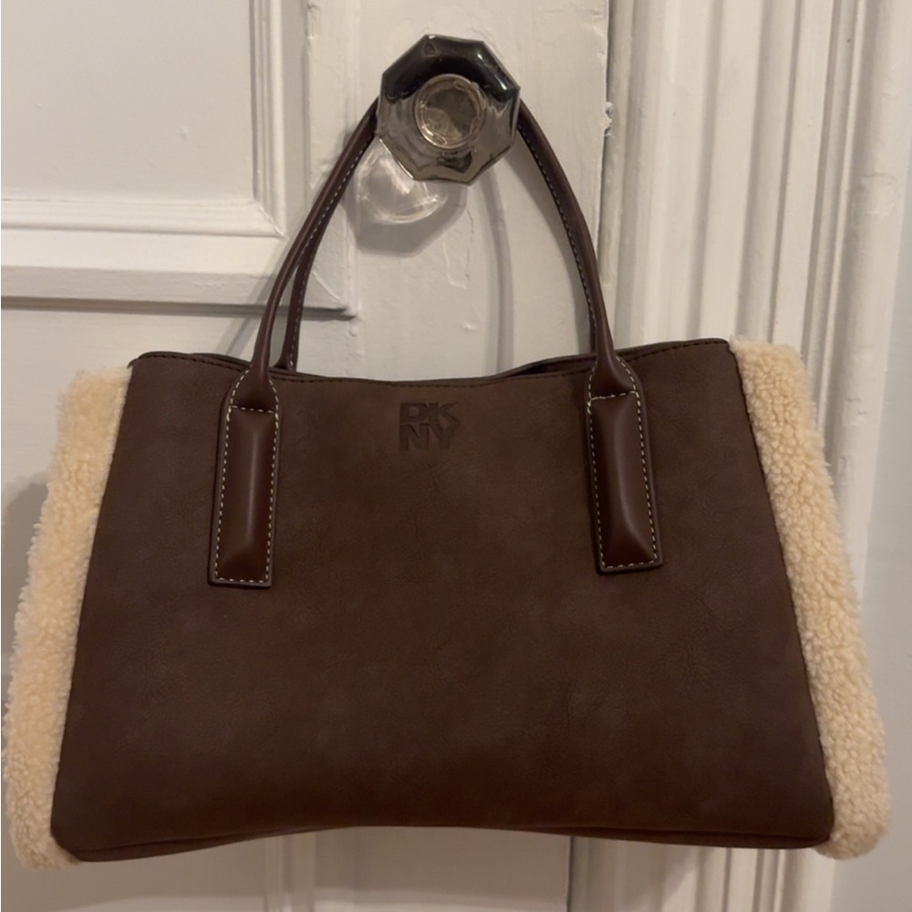 DKNY Chocolate Brown Tote with Shearling Accents